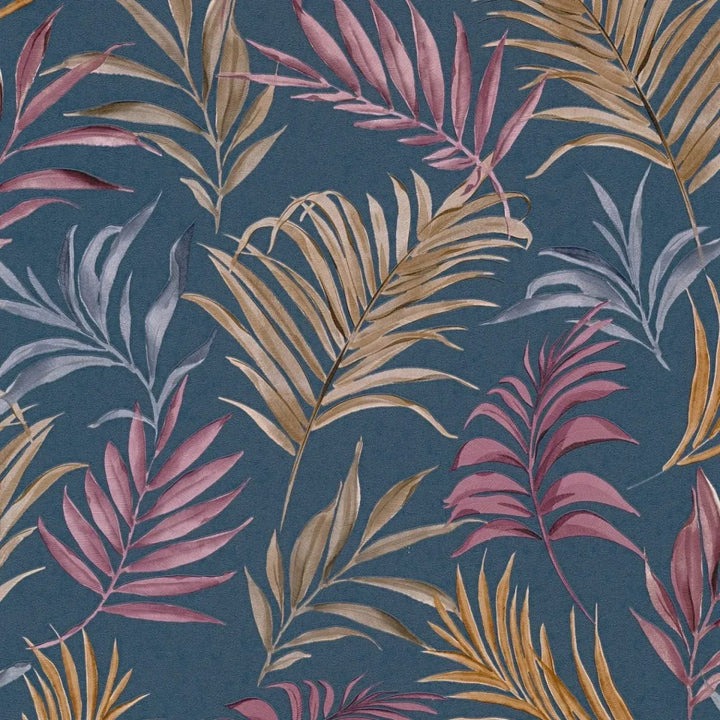 Neaustas tapetes ar delikātu tropu motīvu uz tumši zila | nedaudz spīdīgas lapas - 3011055