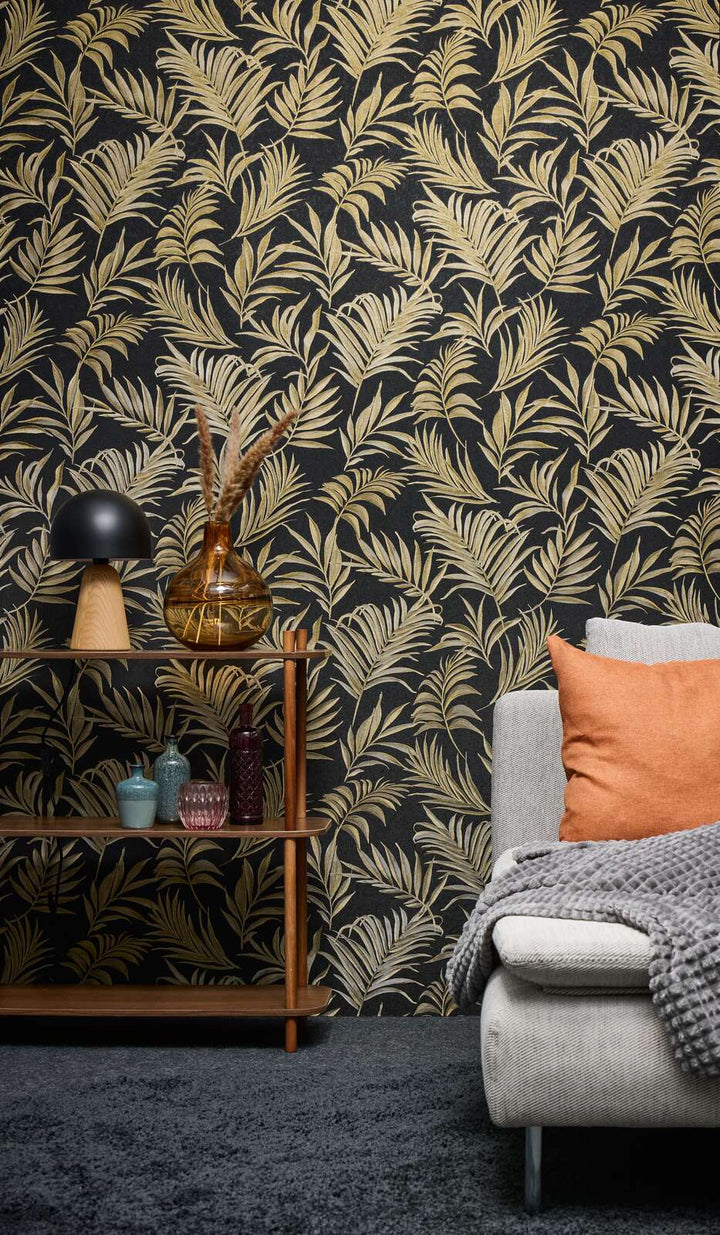 Non-woven wallpaper with delicate tropical motif | black, gold - 3011056