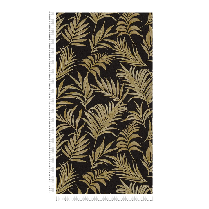 Non-woven wallpaper with delicate tropical motif | black, gold - 3011056