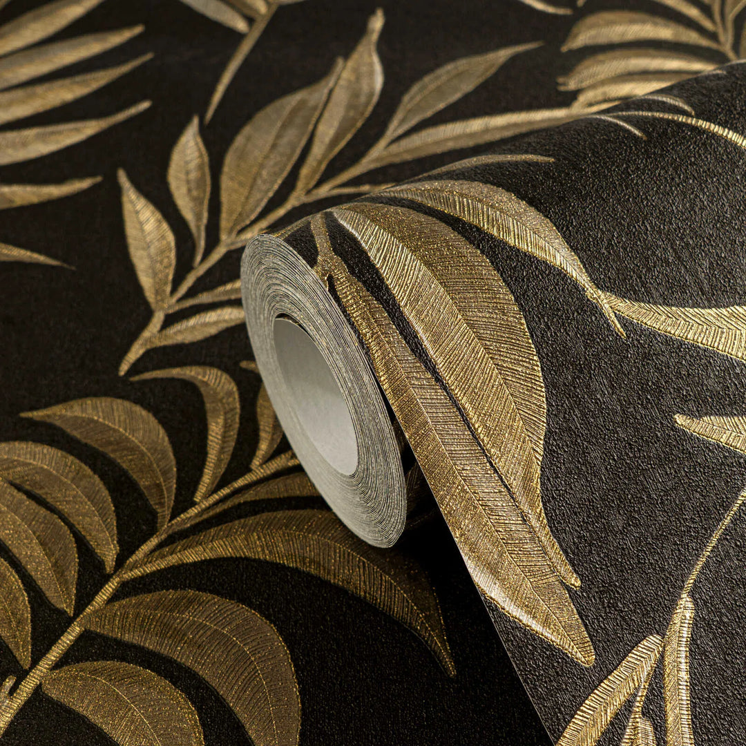 Non-woven wallpaper with delicate tropical motif | black, gold - 3011056
