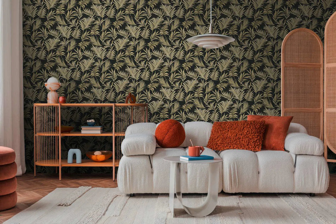 Non-woven wallpaper with delicate tropical motif | black, gold - 3011056