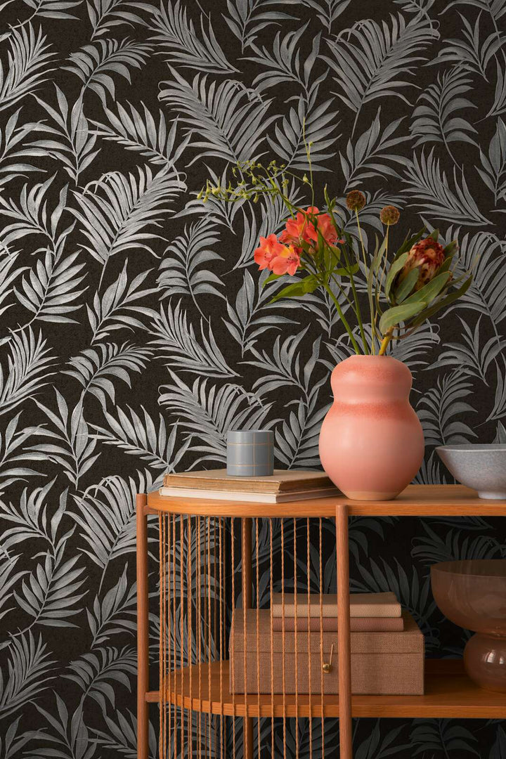 Non-woven wallpaper with delicate tropical motif | black, silver - 3011057