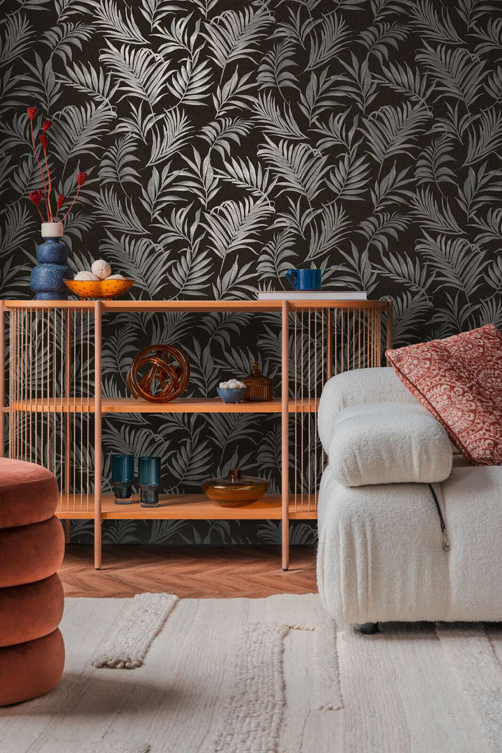 Non-woven wallpaper with delicate tropical motif | black, silver - 3011057