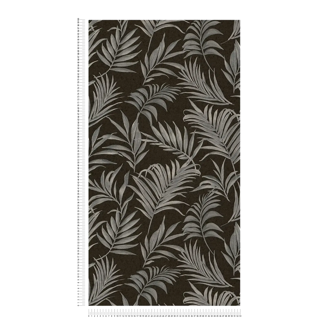 Non-woven wallpaper with delicate tropical motif | black, silver - 3011057