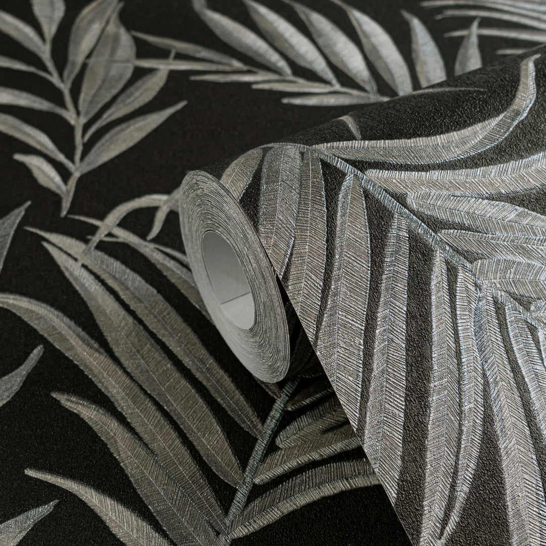 Non-woven wallpaper with delicate tropical motif | black, silver - 3011057