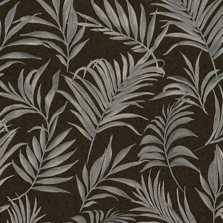 Non-woven wallpaper with delicate tropical motif | black, silver - 3011057
