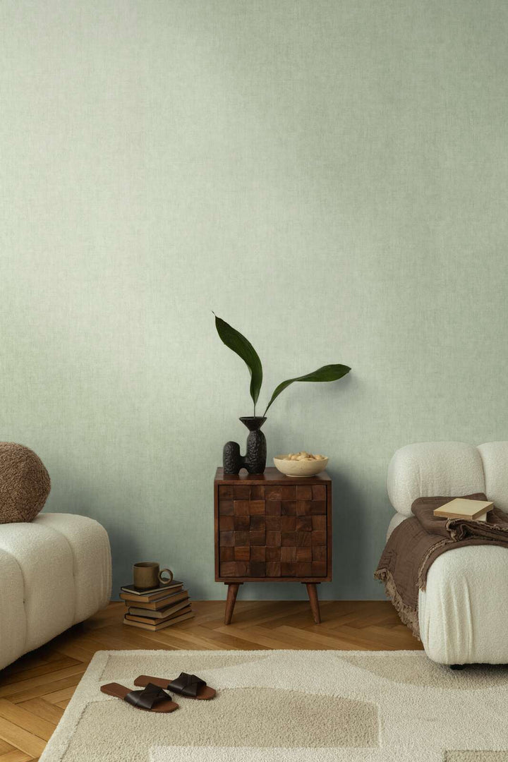 Non-woven wallpaper with a fine linen look | green - 3011073