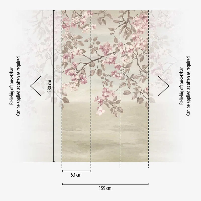 Dekoratīvas tapetes ar ziedošām ķiršu zariem | roza, krēmkrāsa - 3011630