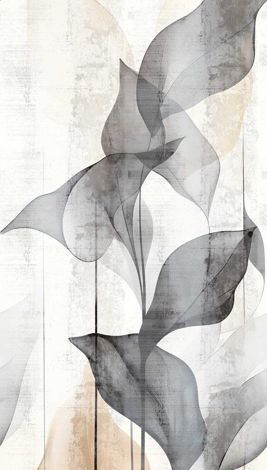 Dekoratīvas tapetes ar caurspīdīgām lapām maigos pelēkos toņos - 3011631