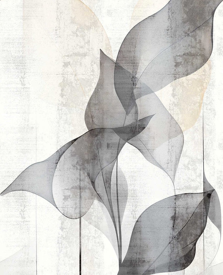 Dekoratīvas tapetes ar caurspīdīgām lapām maigos pelēkos toņos - 3011631