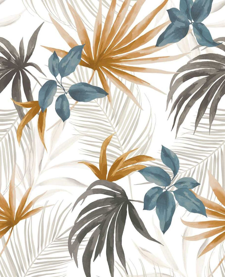 Dekoratīvas tapetes ar tropu ziediem un lapām siltās un vēsās krāsās - 3011633