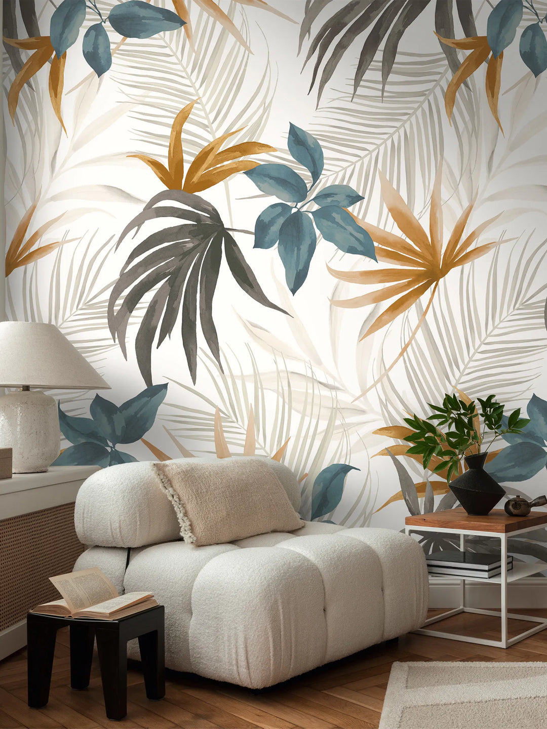 Dekoratīvas tapetes ar tropu ziediem un lapām siltās un vēsās krāsās - 3011633