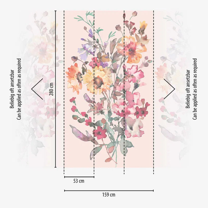 Dekoratīvas tapetes ar krāsainu ziedu pušķi uz izsmalcināta fona | rozā toņos - 3011635