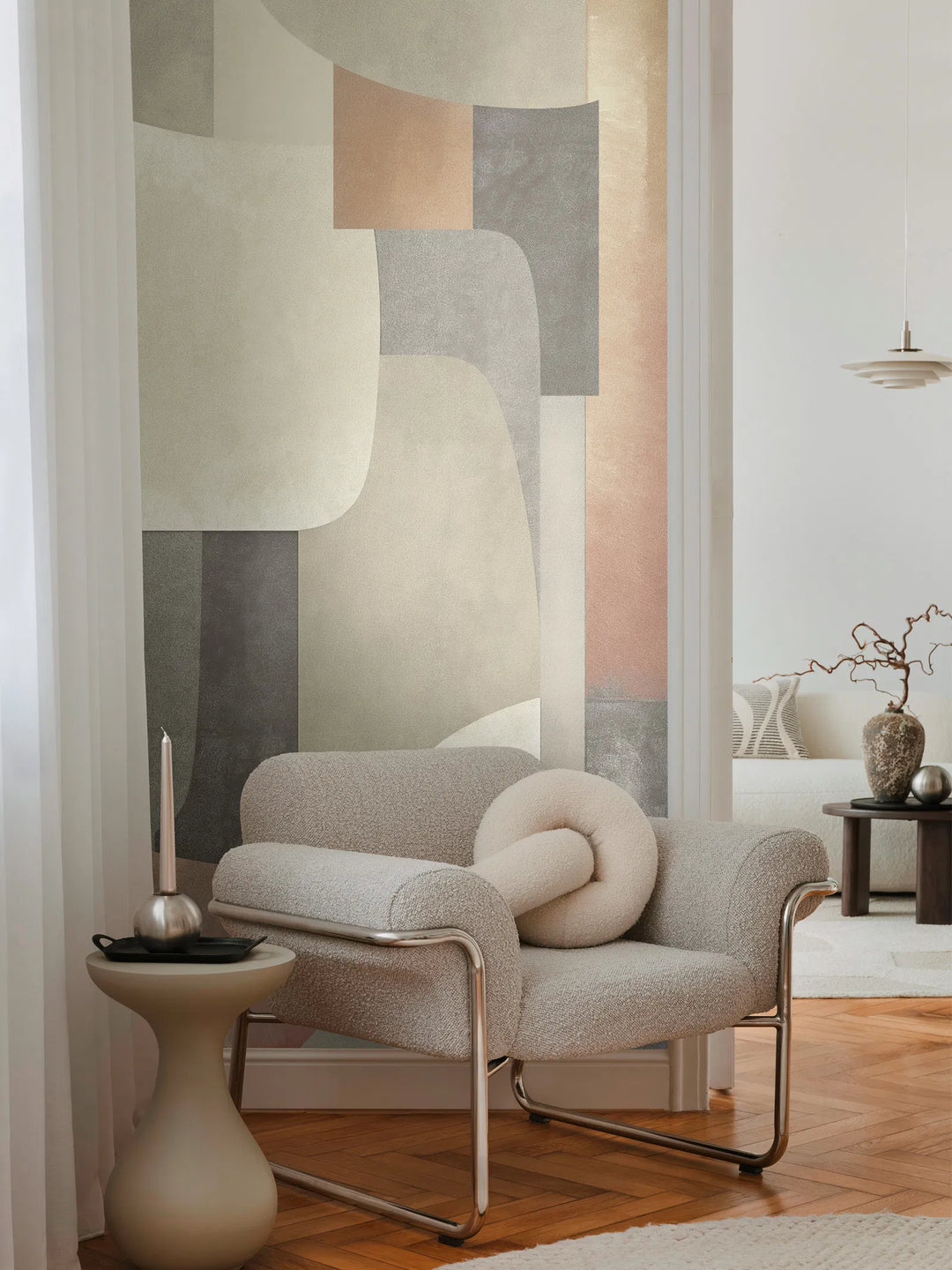 Dekoratīvas tapetes ar ģeometriskām formām maigos zemes toņos - 3011636