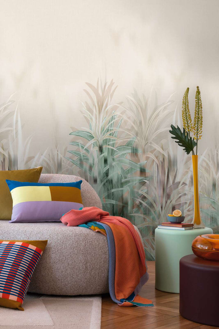 Dekoratīvas tapetes ar izsmalcinātiem pļavas un zāles motīviem uz gaiša fona - 3011643