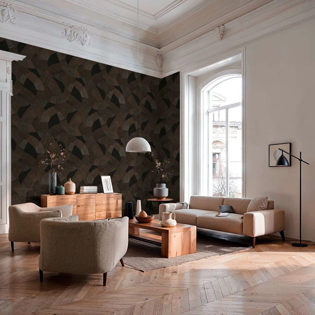 Neaustas tapetes ar stilizētu ģeometrisku rakstu un mierīgu faktūru | melnā, brūna - 3012065