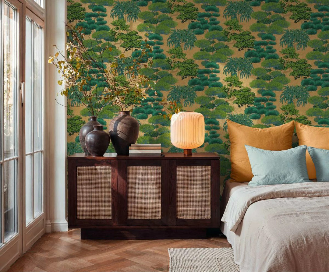 Wallpaper with exotic plant pattern and colorful nature motif | glossy | green, gold - 3012074