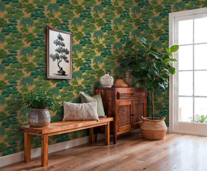 Wallpaper with exotic plant pattern and colorful nature motif | glossy | green, gold - 3012074