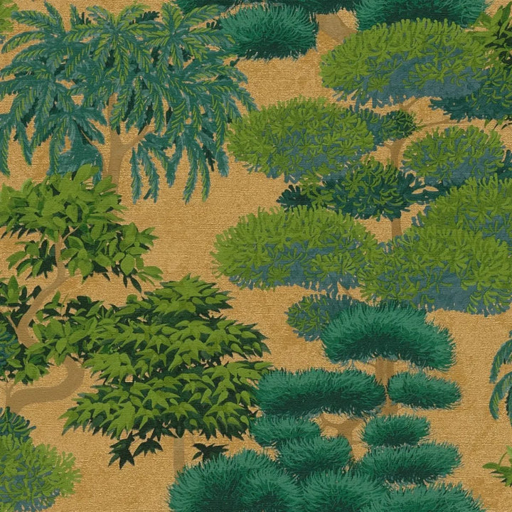 Wallpaper with exotic plant pattern and colorful nature motif | glossy | green, gold - 3012074