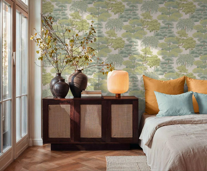 Tropical-style wallpaper with a dense leaf composition, slightly shiny | light green - 3012075