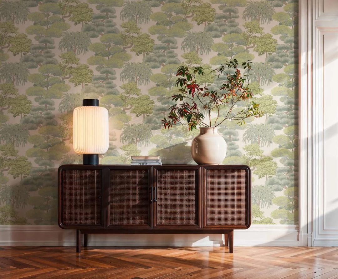 Tropical-style wallpaper with a dense leaf composition, slightly shiny | light green - 3012075