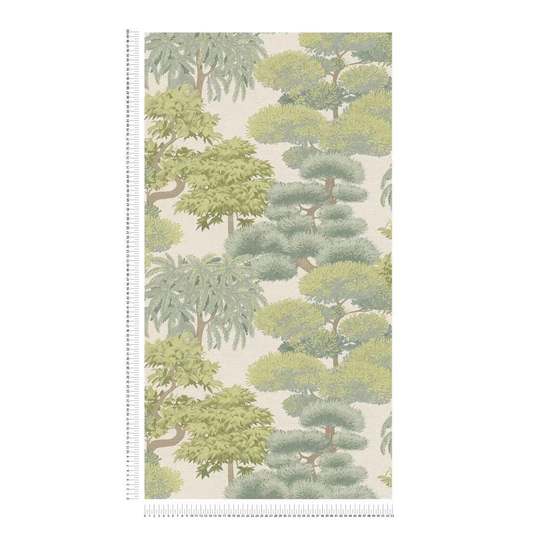 Tropical-style wallpaper with a dense leaf composition, slightly shiny | light green - 3012075