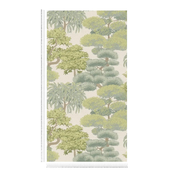 Tropical-style wallpaper with a dense leaf composition, slightly shiny | light green - 3012075