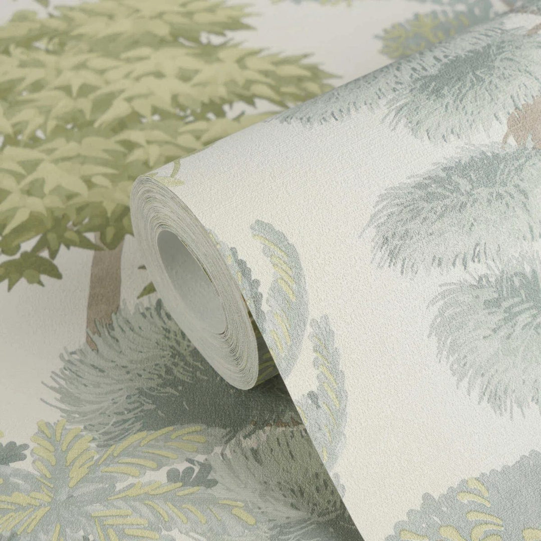 Tropical-style wallpaper with a dense leaf composition, slightly shiny | light green - 3012075