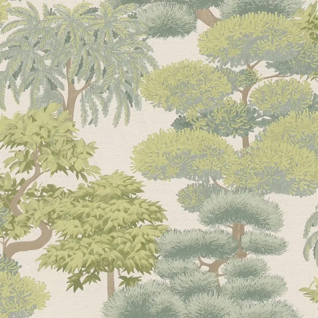 Tropical-style wallpaper with a dense leaf composition, slightly shiny | light green - 3012075
