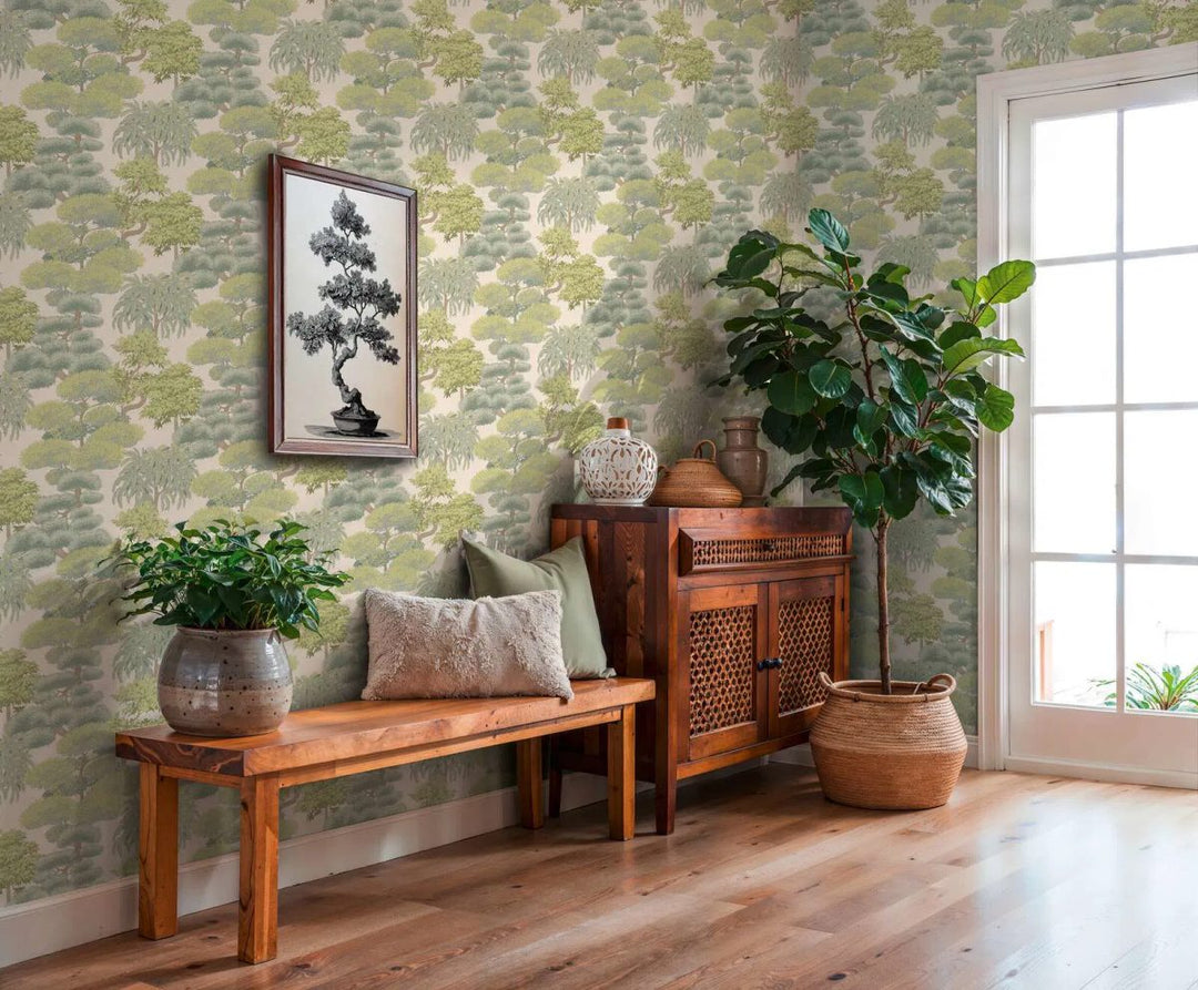 Tropical-style wallpaper with a dense leaf composition, slightly shiny | light green - 3012075