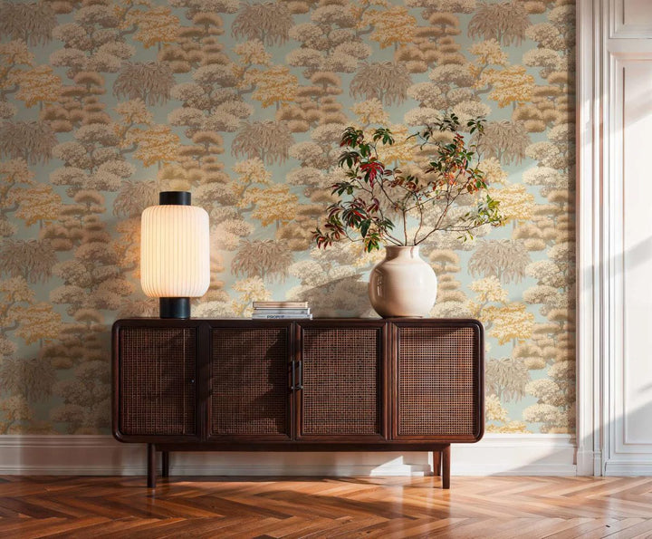 Botanical-style wallpaper with various tree patterns, slightly shiny | blue, beige, brown - 3012076