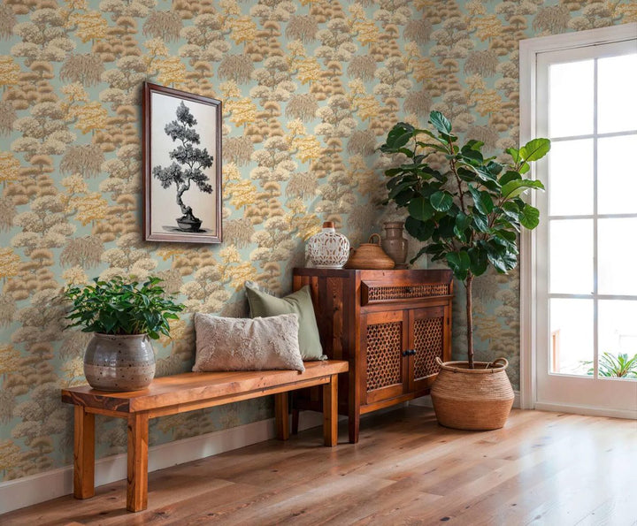 Botanical-style wallpaper with various tree patterns, slightly shiny | blue, beige, brown - 3012076