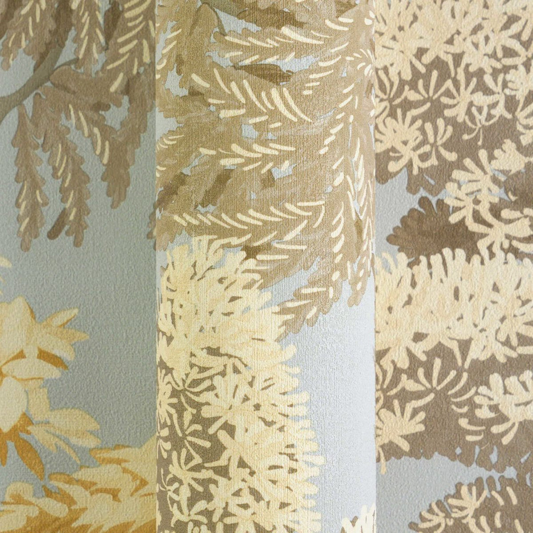 Botanical-style wallpaper with various tree patterns, slightly shiny | blue, beige, brown - 3012076