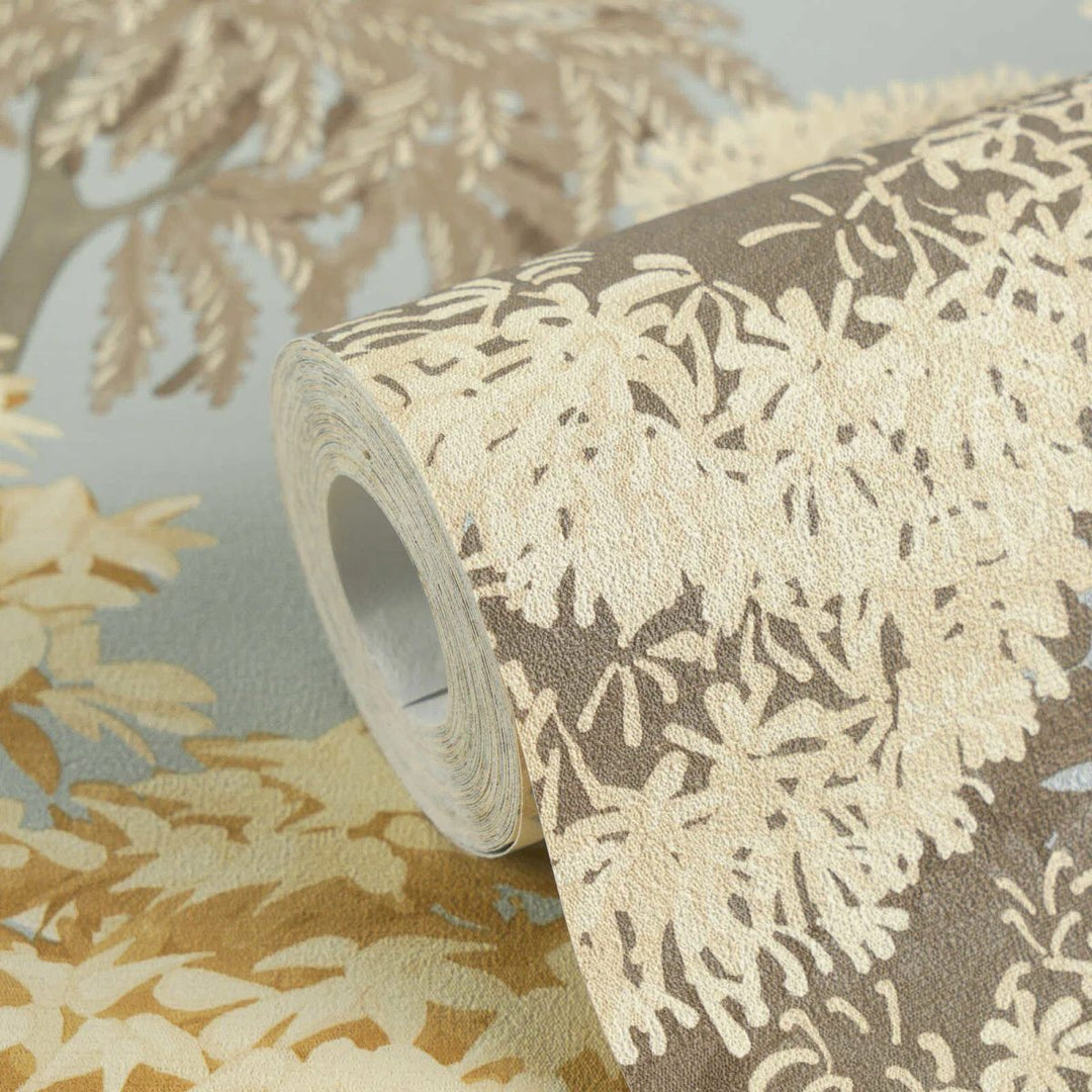 Botanical-style wallpaper with various tree patterns, slightly shiny | blue, beige, brown - 3012076