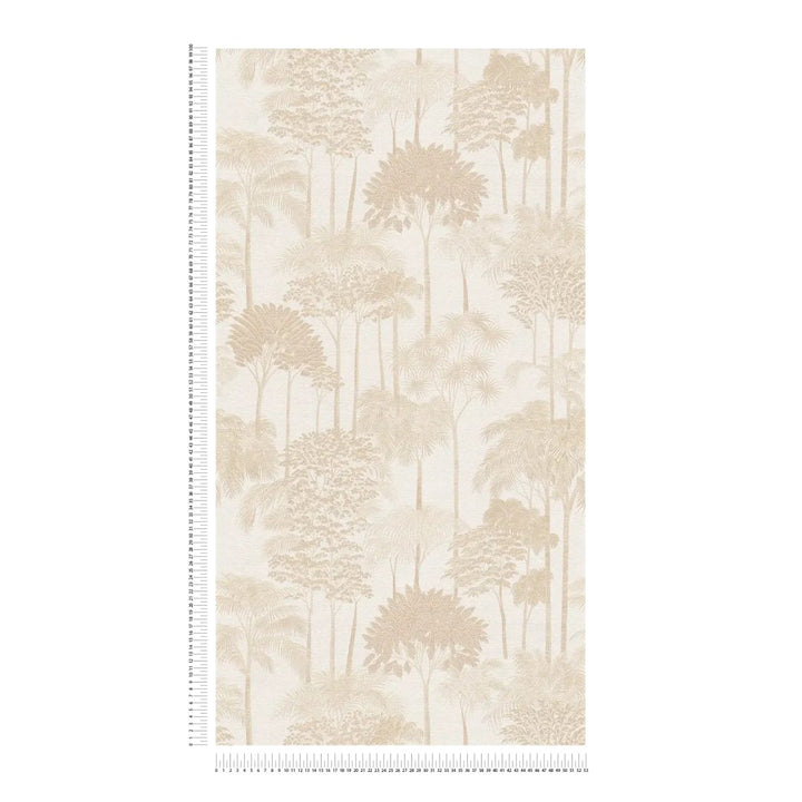 Neaustas tapetes ar izsmalcinātu palmu ilustrāciju un smalkiem kontūriem | krēmkrāsa - 3012105