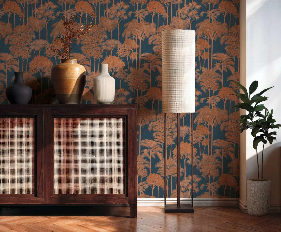 Non-woven wallpaper with expressive palm silhouettes and dense tree composition | brown, blue - 3012110