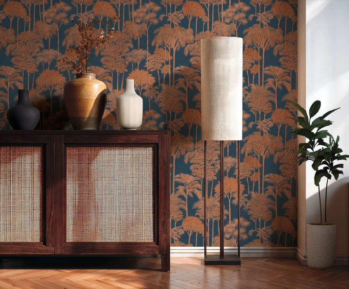 Non-woven wallpaper with expressive palm silhouettes and dense tree composition | brown, blue - 3012110
