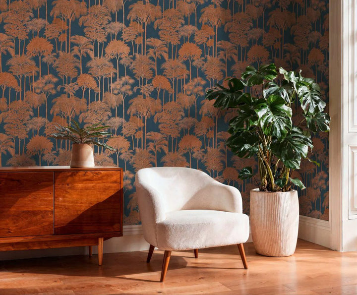 Non-woven wallpaper with expressive palm silhouettes and dense tree composition | brown, blue - 3012110