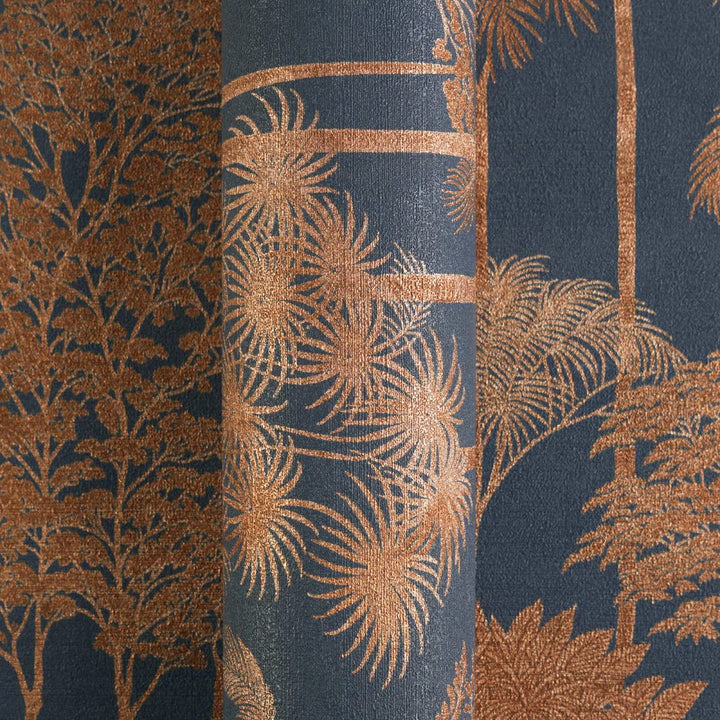 Non-woven wallpaper with expressive palm silhouettes and dense tree composition | brown, blue - 3012110
