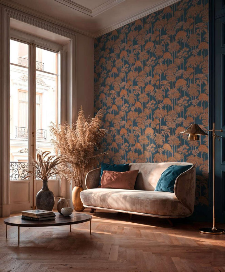 Non-woven wallpaper with expressive palm silhouettes and dense tree composition | brown, blue - 3012110
