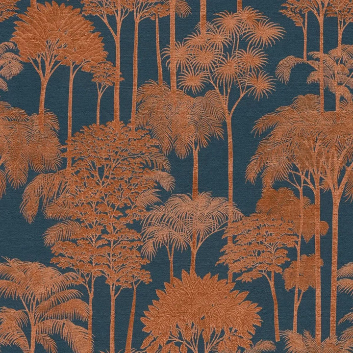 Non-woven wallpaper with expressive palm silhouettes and dense tree composition | brown, blue - 3012110