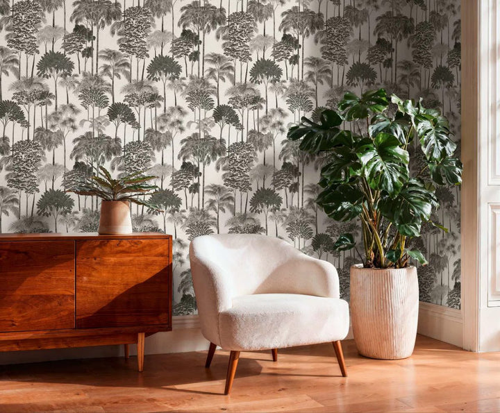 Non-woven wallpaper with decorative tropical landscape, slightly shiny | black and white - 3012111