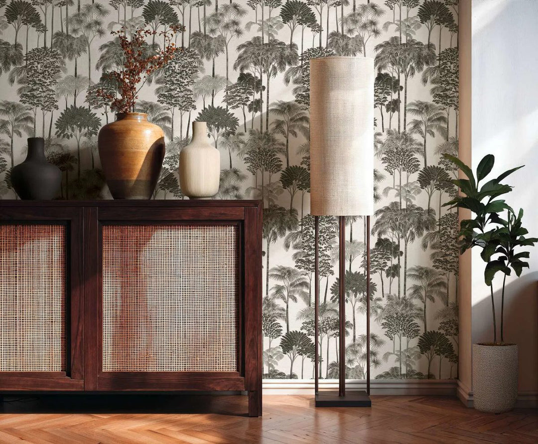 Non-woven wallpaper with decorative tropical landscape, slightly shiny | black and white - 3012111