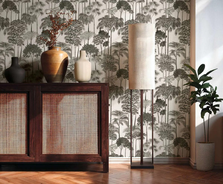 Non-woven wallpaper with decorative tropical landscape, slightly shiny | black and white - 3012111