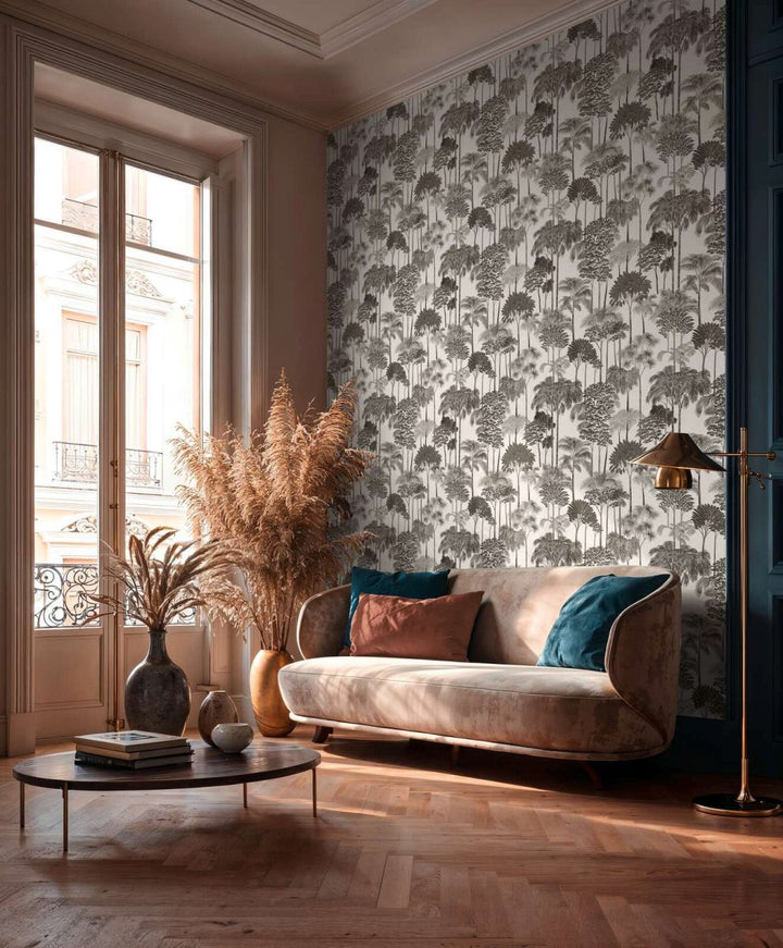 Non-woven wallpaper with decorative tropical landscape, slightly shiny | black and white - 3012111