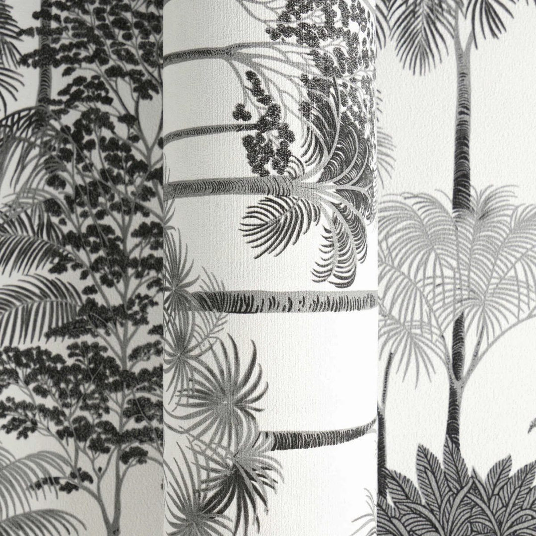 Non-woven wallpaper with decorative tropical landscape, slightly shiny | black and white - 3012111