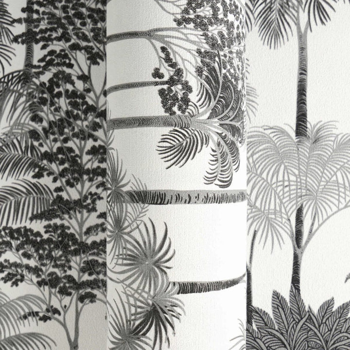 Non-woven wallpaper with decorative tropical landscape, slightly shiny | black and white - 3012111