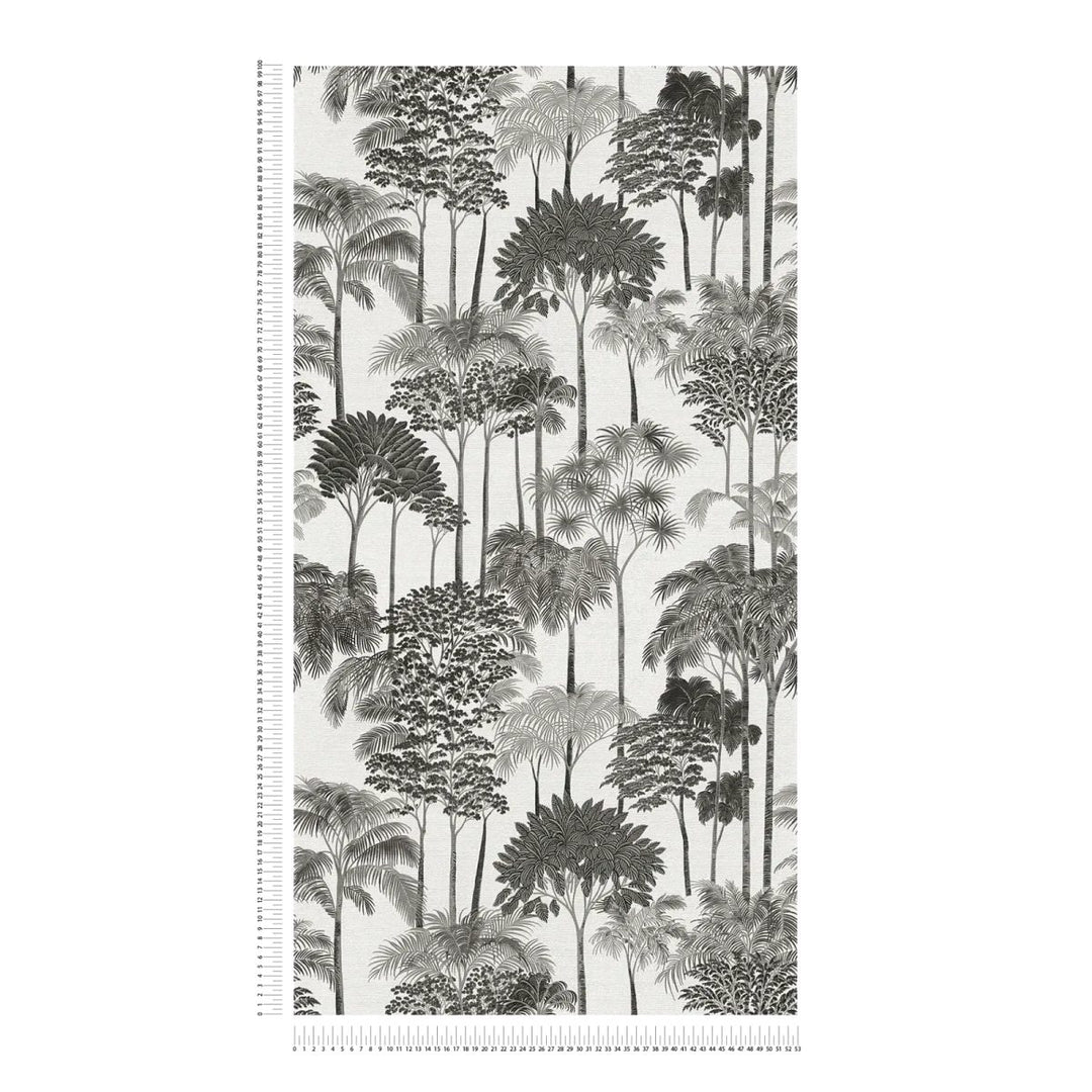 Non-woven wallpaper with decorative tropical landscape, slightly shiny | black and white - 3012111