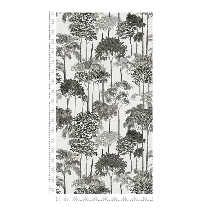 Non-woven wallpaper with decorative tropical landscape, slightly shiny | black and white - 3012111