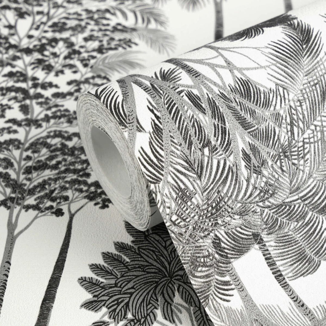 Non-woven wallpaper with decorative tropical landscape, slightly shiny | black and white - 3012111